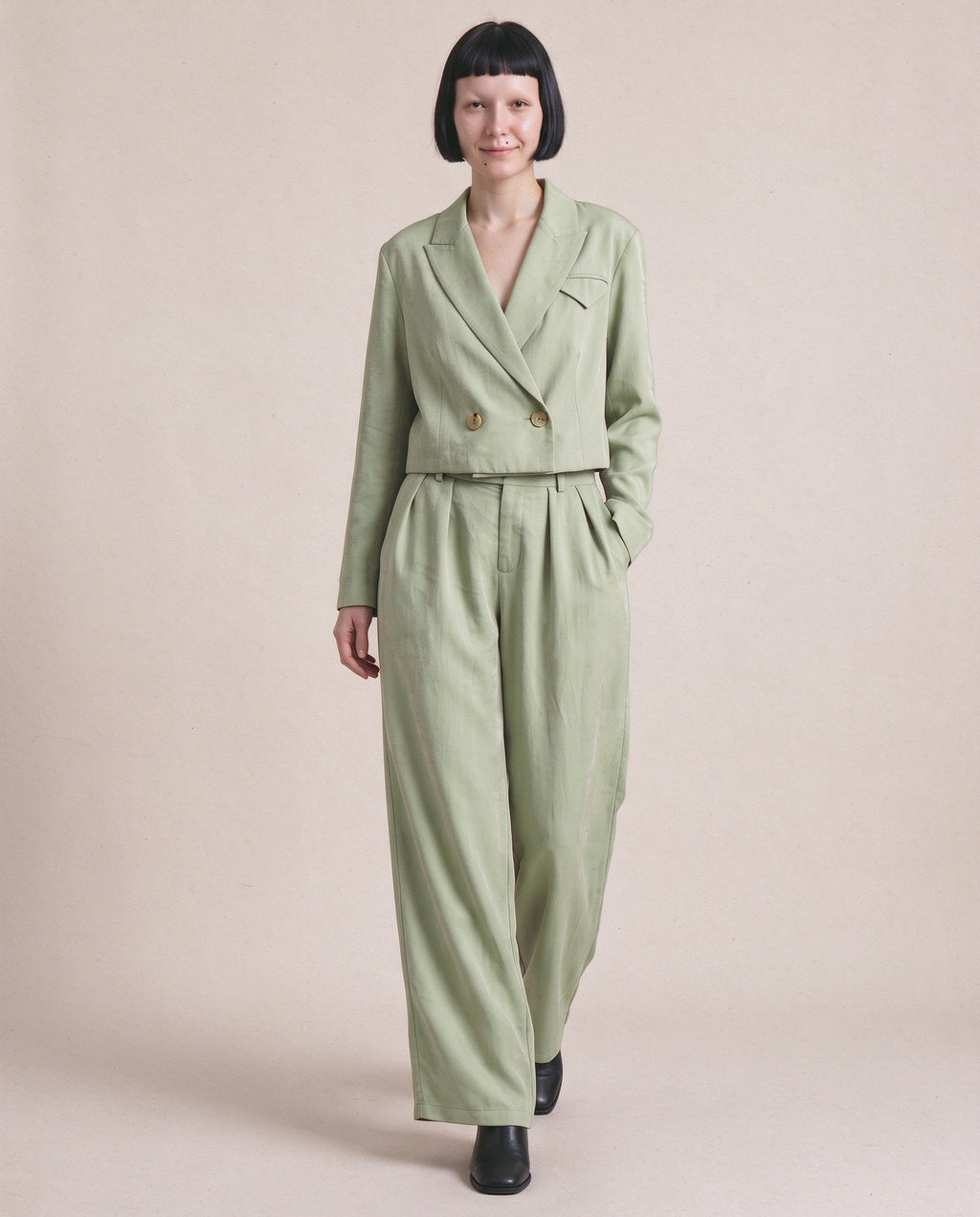 Ada Blazer in Sage, front, buttoned