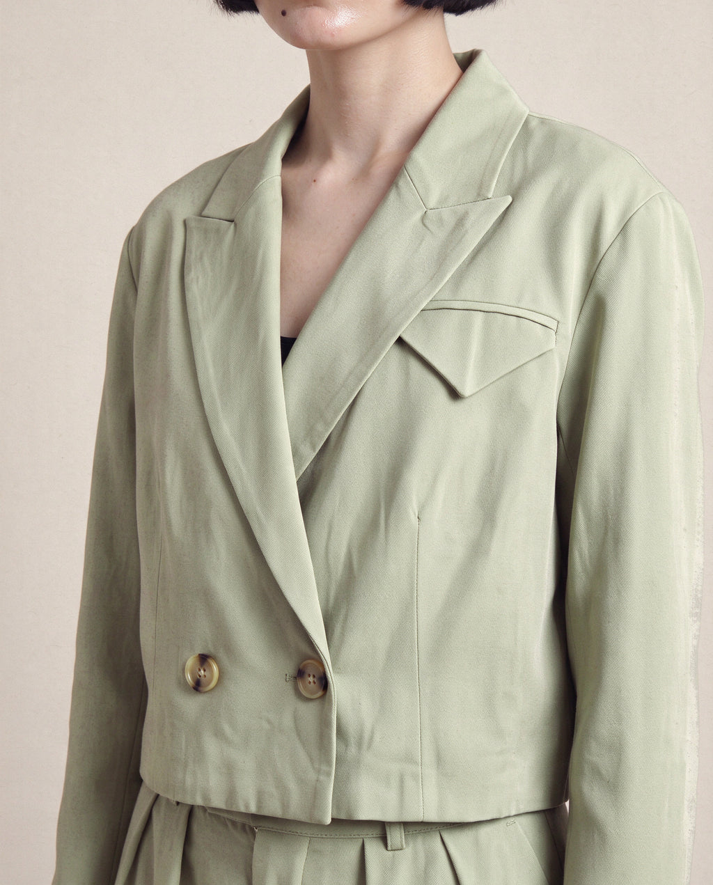 Ada Blazer in Sage, lapel and chest flap