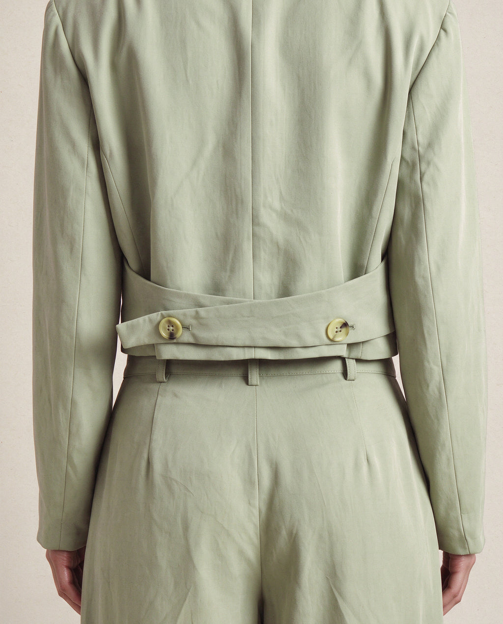 Ada Blazer in Sage, back tabs and buttons