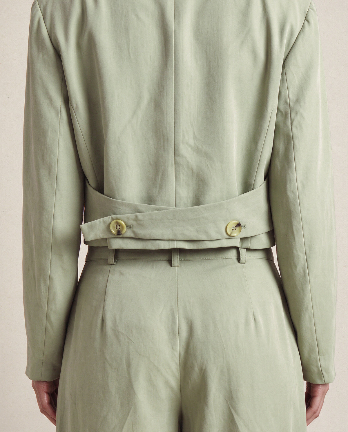 Ada Blazer in Sage, back tabs and buttons
