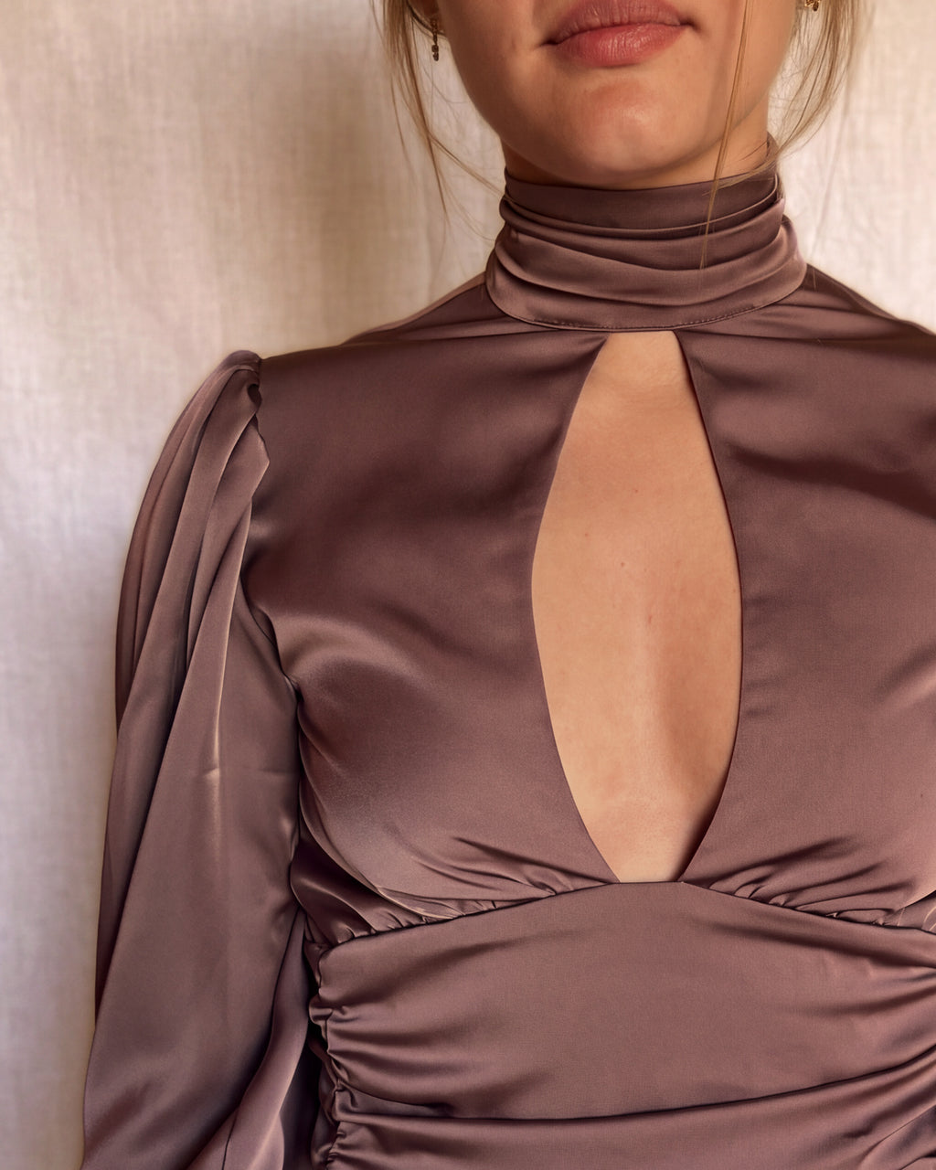 Tariro Dress in Bordeaux Pink satin, high neck and keyhole detail
