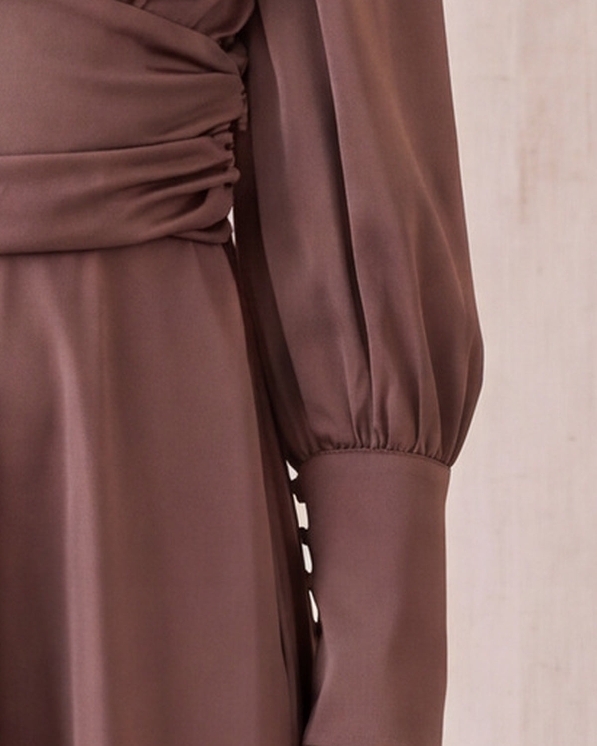 Tariro Dress in Bordeaux Pink satin, puff sleeve and buttoned cuff detail