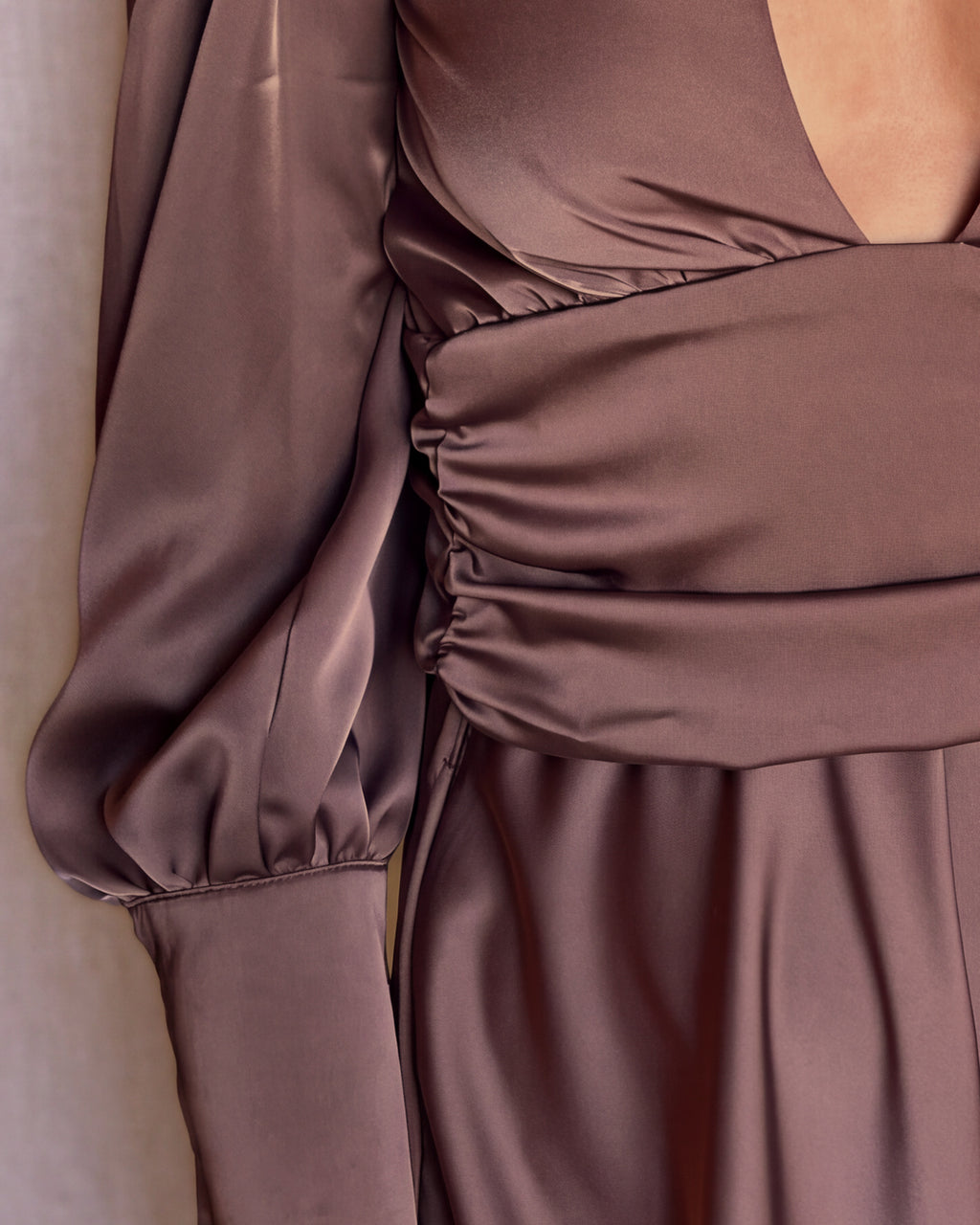 Tariro Dress in Bordeaux Pink satin, ruched waistband detail