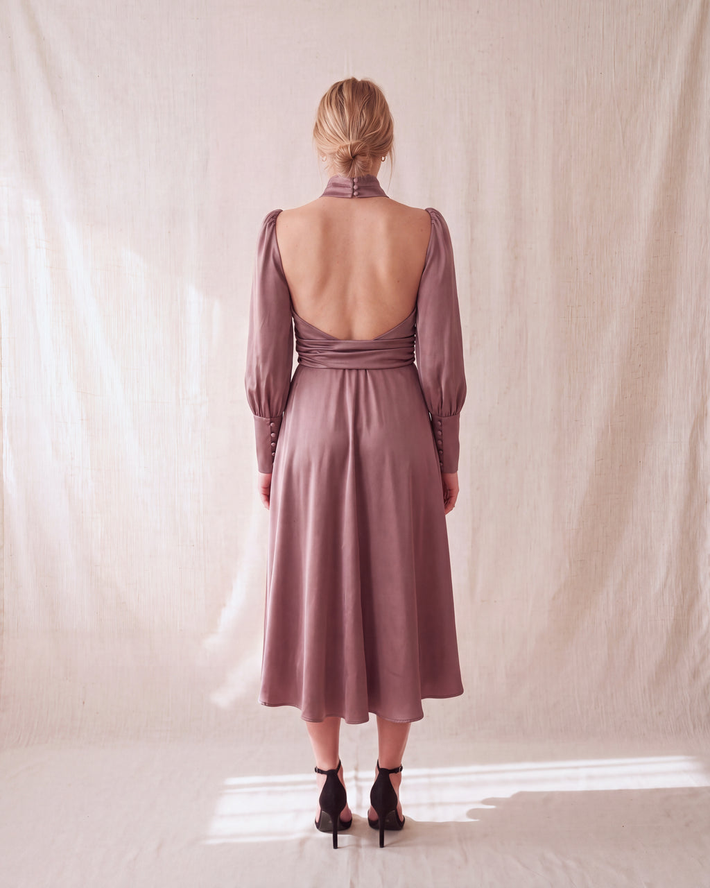 Tariro Dress in Bordeaux Pink satin, open back view