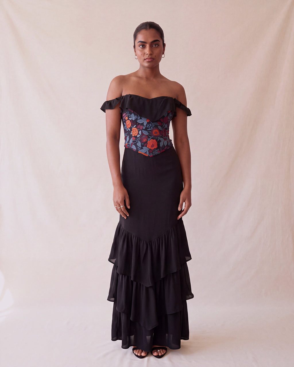 Rosalia Dress in Black Chiffon Satin, front view, worn with the Rosalia Corset