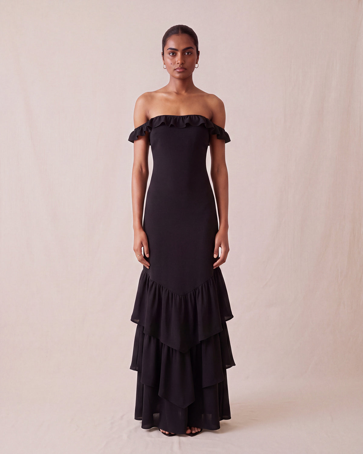 Rosalia Dress in Black Chiffon Satin, front view