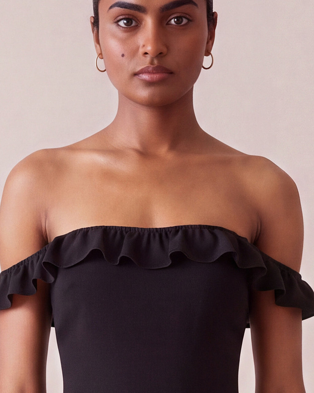 Rosalia Dress in Black Chiffon Satin, off the shoulder ruffle detail