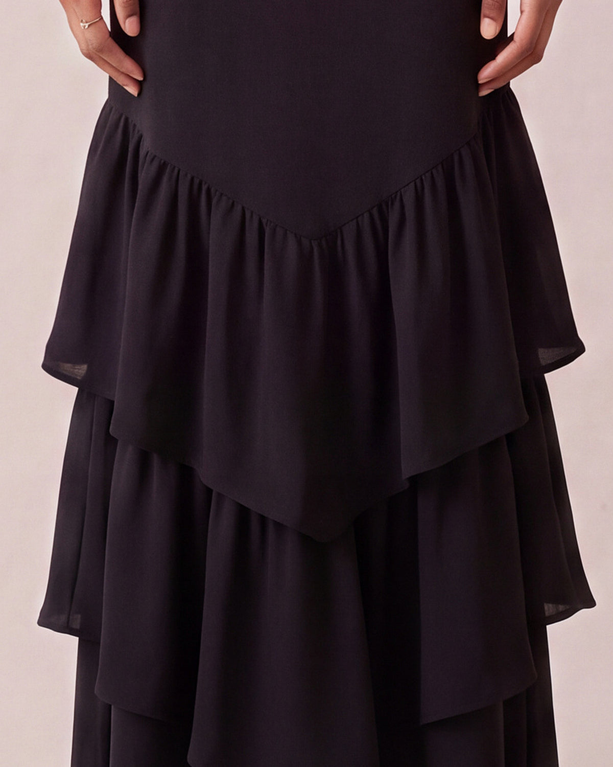 Rosalia Dress in Black Chiffon Satin, tiered ruffle skirt detail