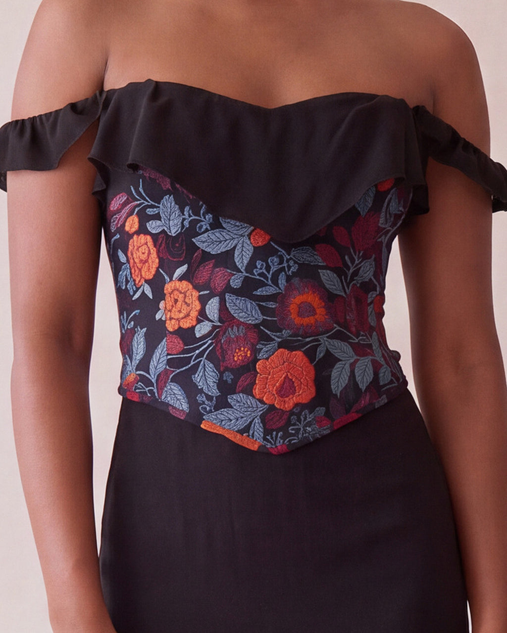 Rosalia Dress in Black Chiffon Satin, worn with the Rosalia Corset, close up