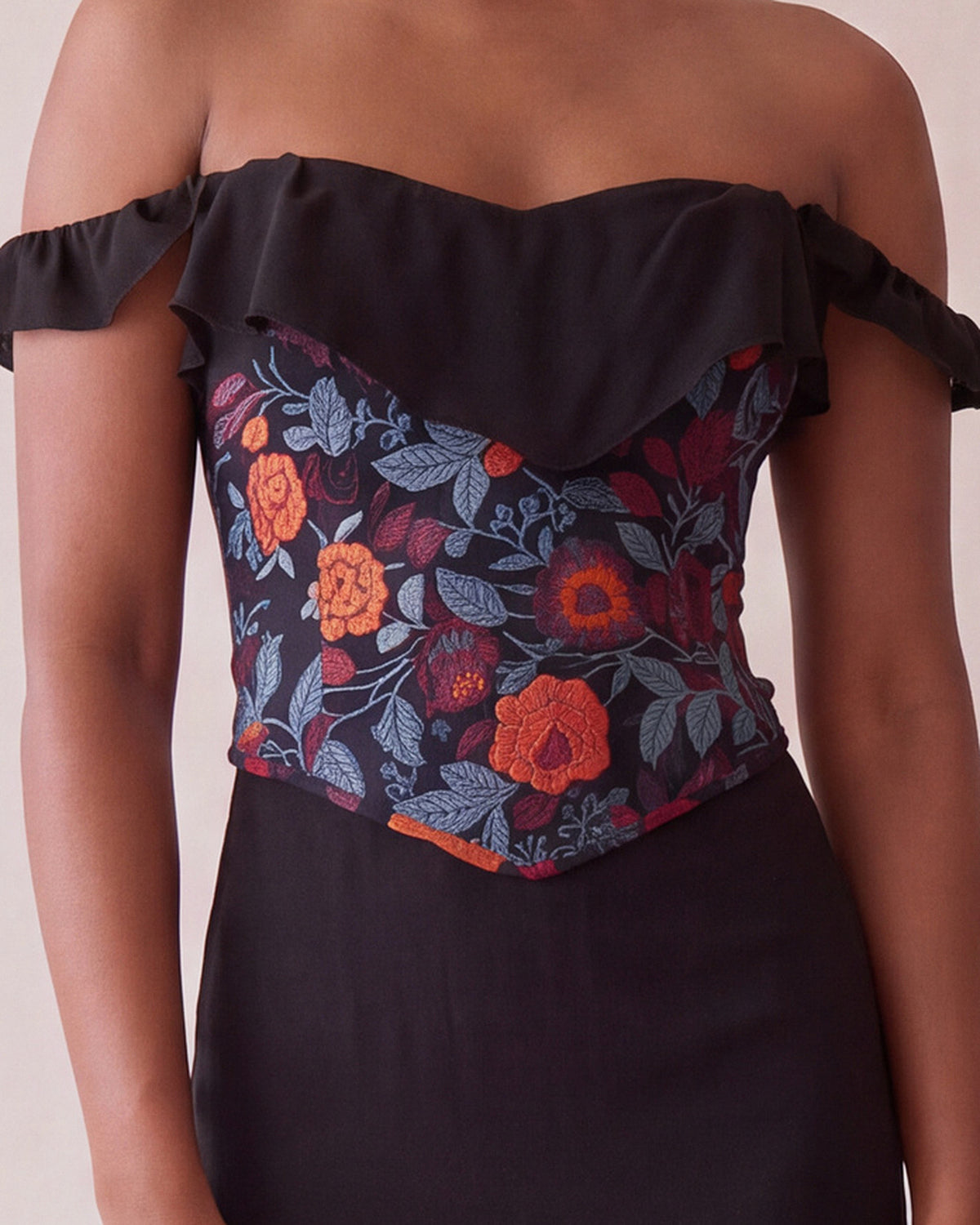 Rosalia Dress in Black Chiffon Satin, worn with the Rosalia Corset, close up
