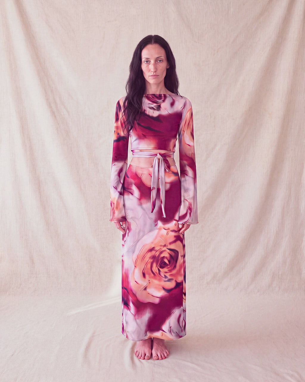 Bloom Top and Bloom Skirt in rose print, worn as a set, front view