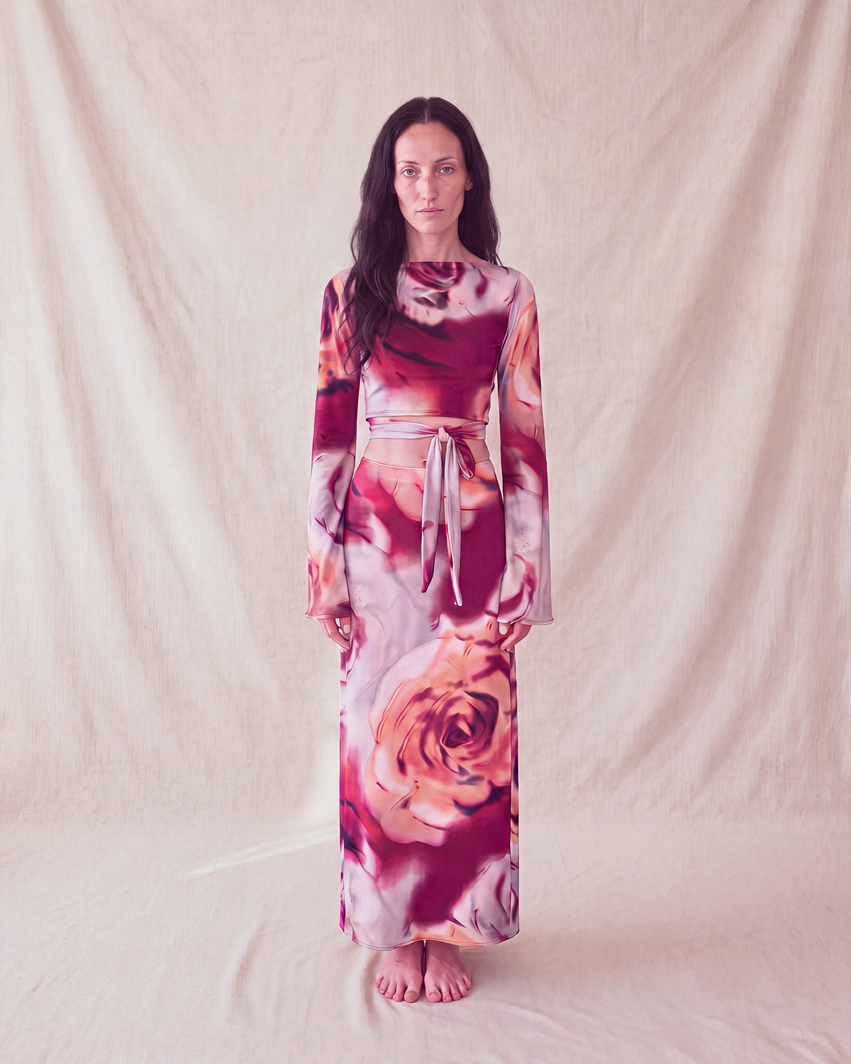 Bloom Top and Bloom Skirt in rose print, worn as a set, front view