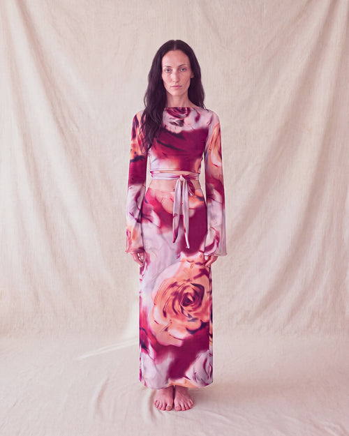 Bloom Top and Bloom Skirt in rose print, worn as a set, front view