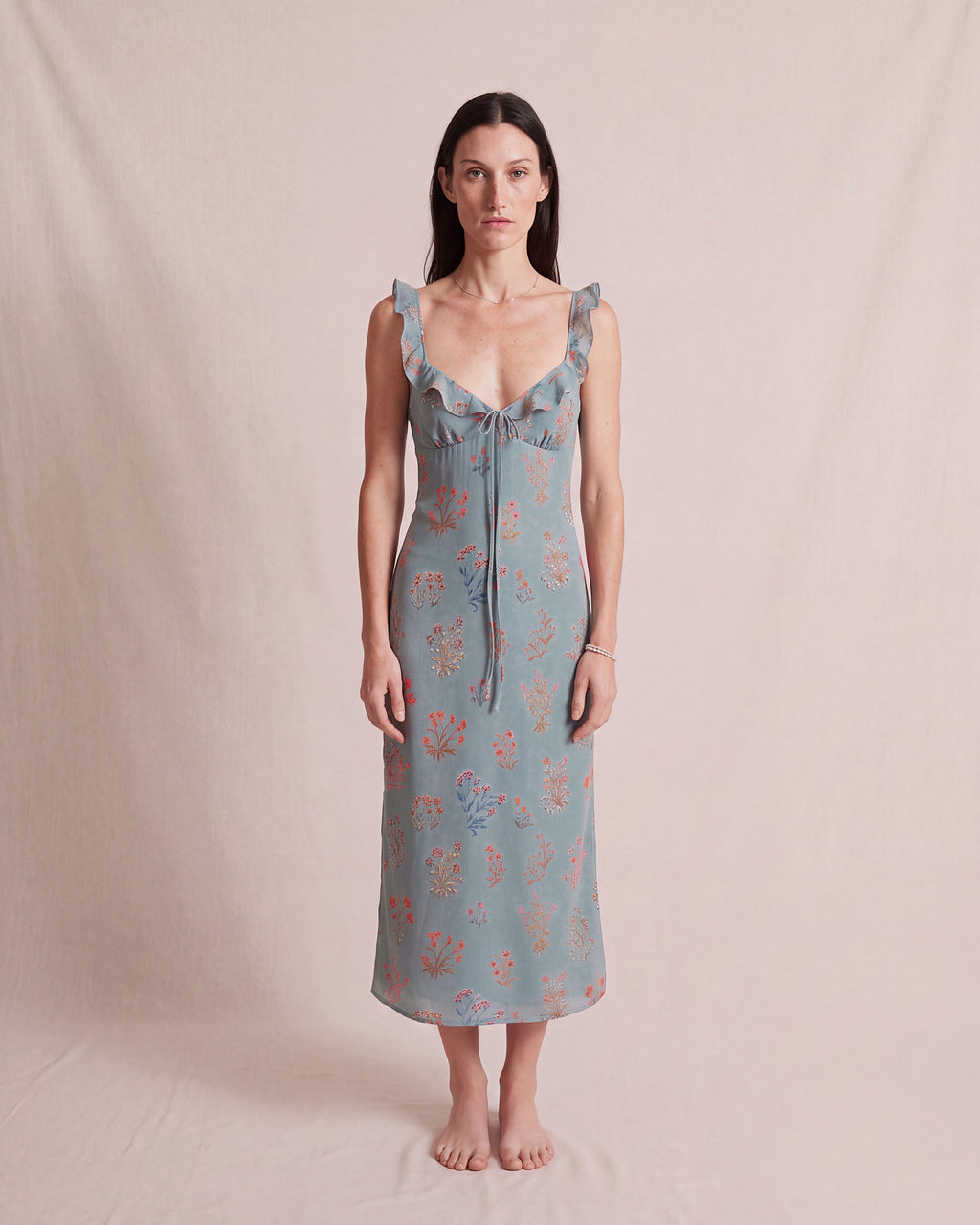 Florence Dress Silk in blue floral silk, front view