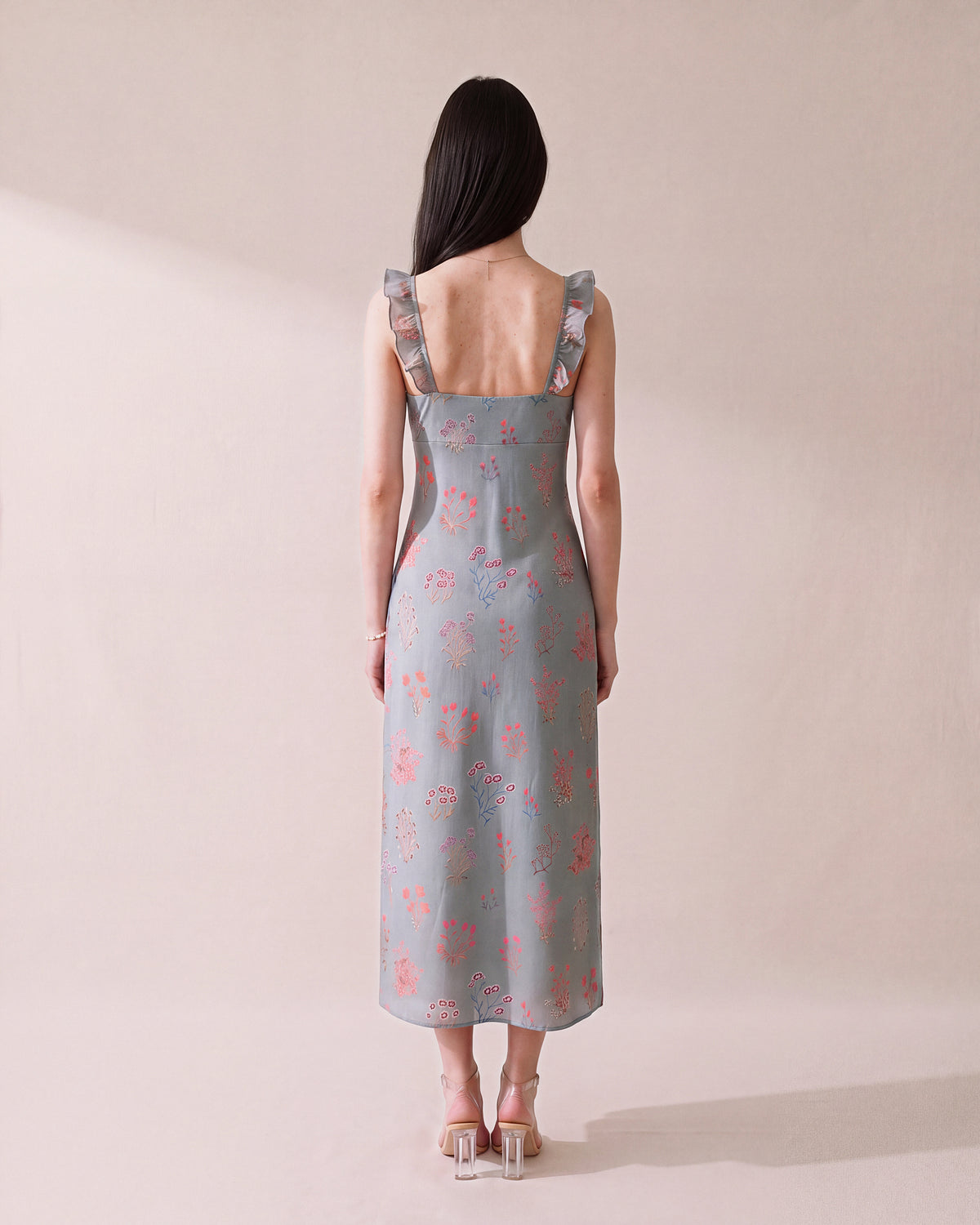 Florence Dress Silk in blue floral silk, back view