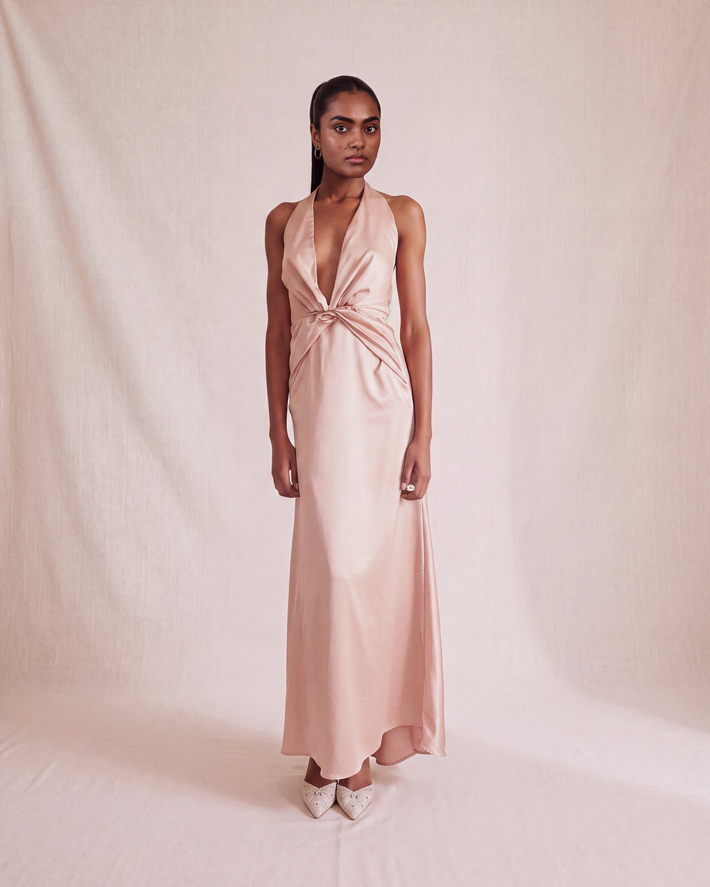 Idai Dress in Soft Pink satin, front view