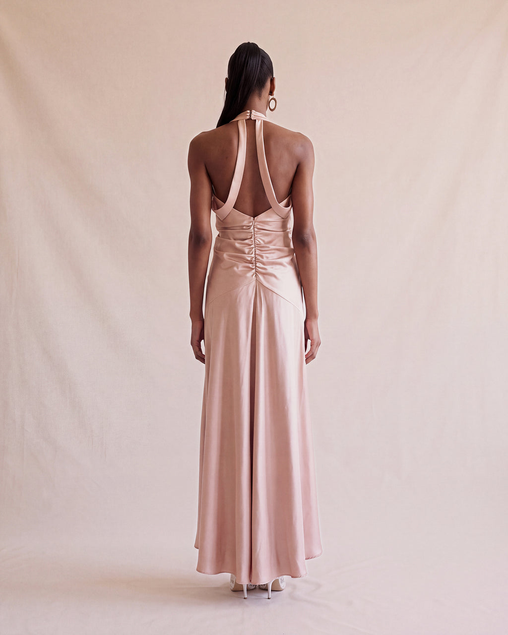 Idai Dress in Soft Pink satin, back view