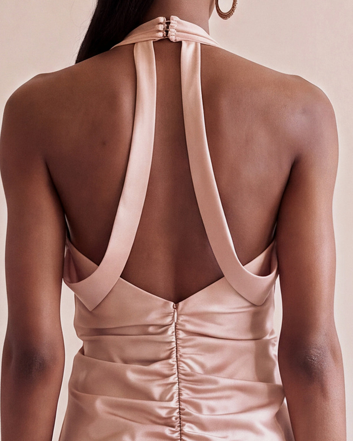 Idai Dress in Soft Pink satin, open back and ruching detail