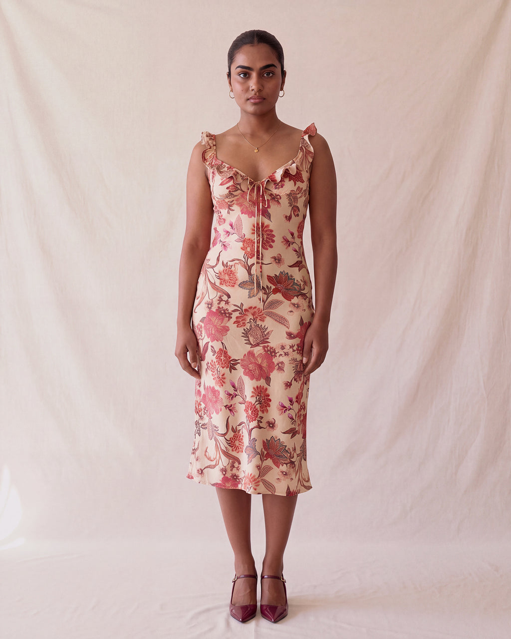 Florence Dress in red and pink floral print, front view
