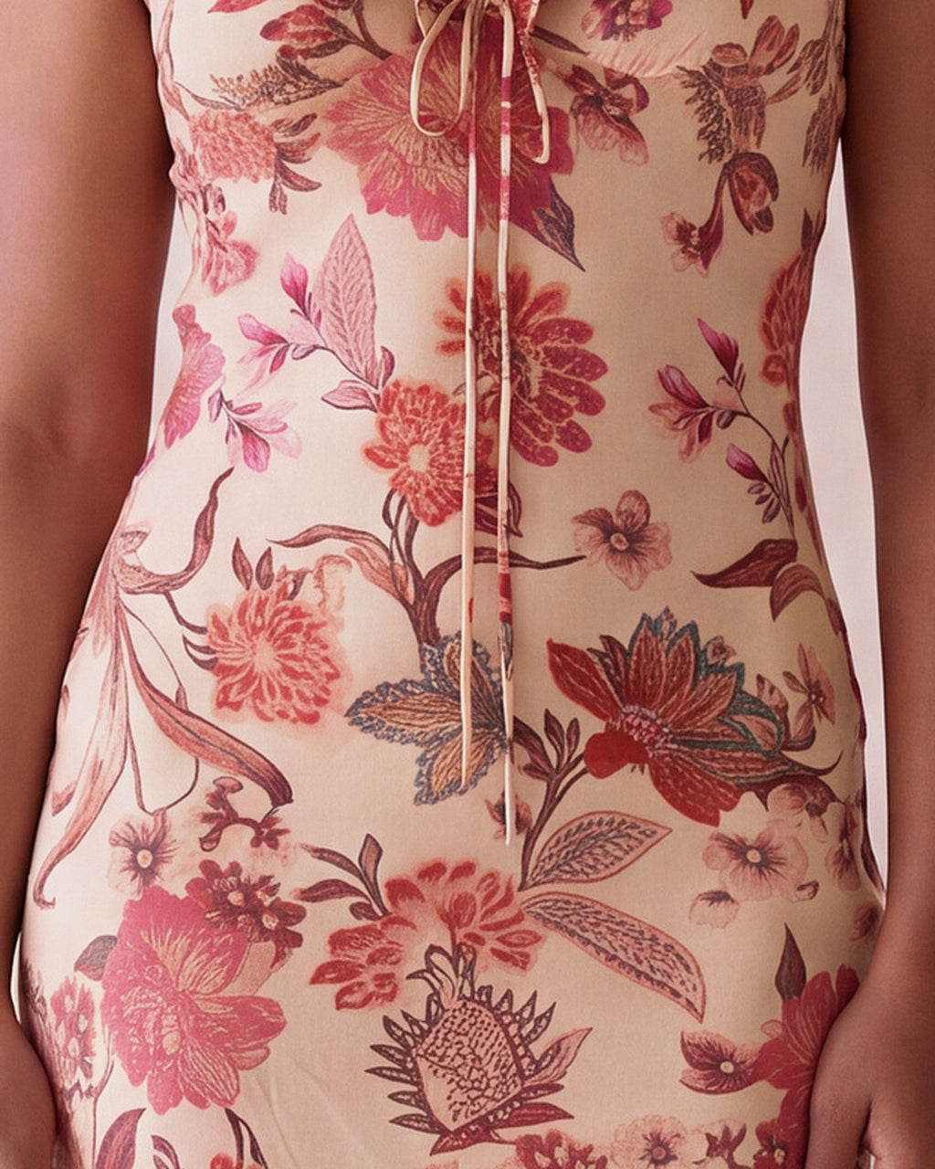 Florence Dress in red and pink floral print, front tie detail