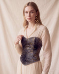 Rosalia Corset in Blue/Green Velvet, styled over a cream shirt