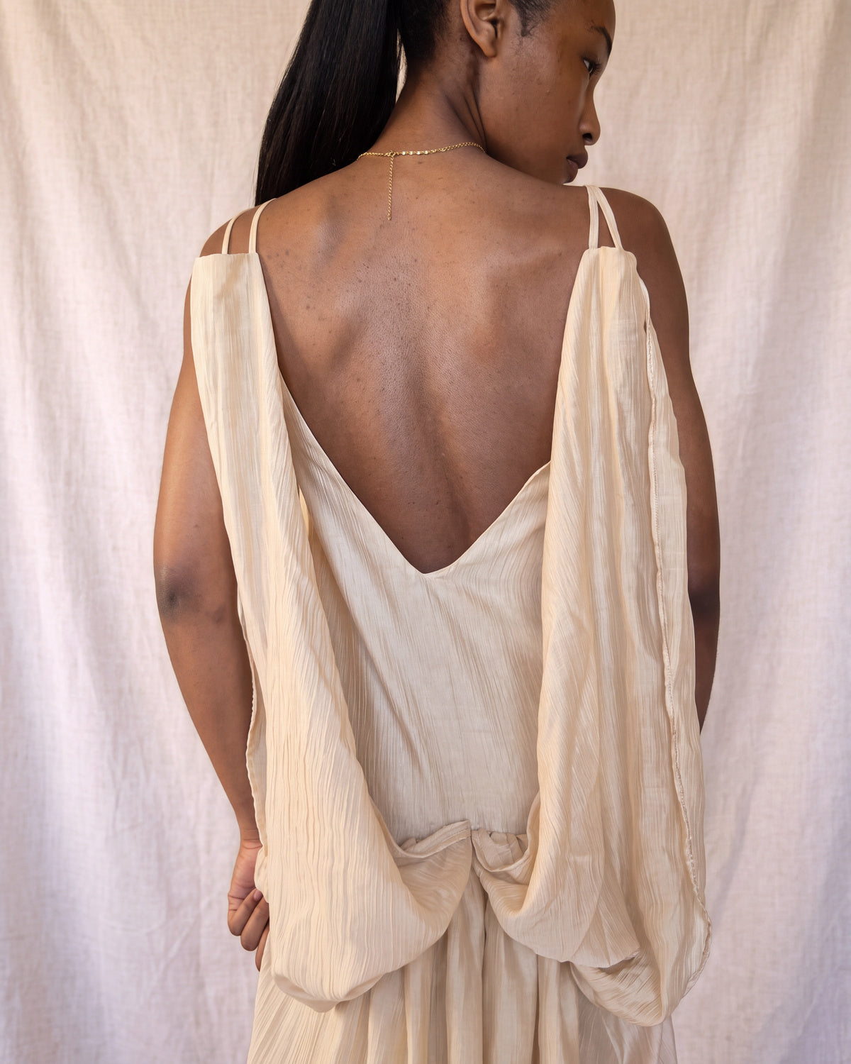 Sienna Dress in Pearl, draped back panels detail