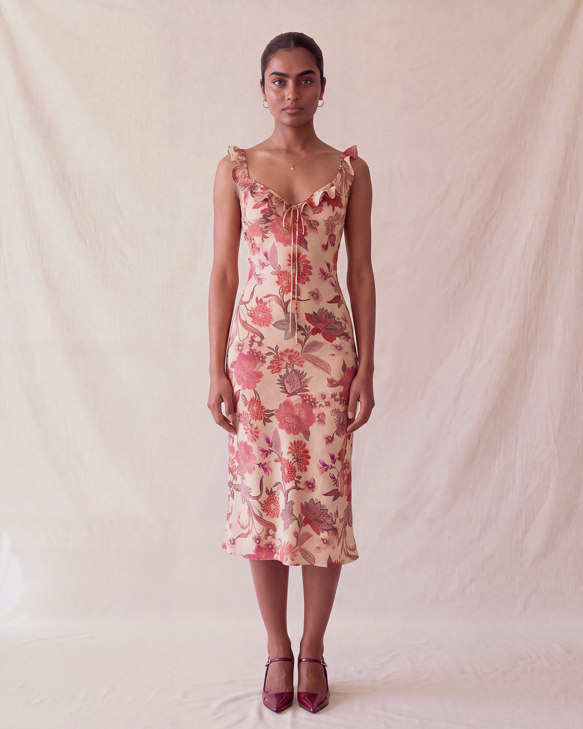 Florence Dress in red and pink floral print, front view