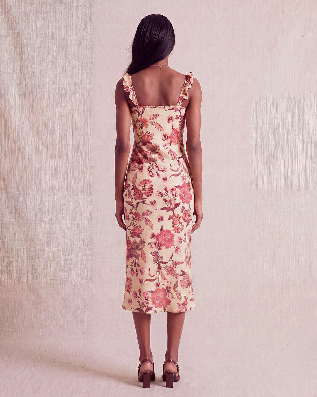 Florence Dress in red and pink floral print, back view