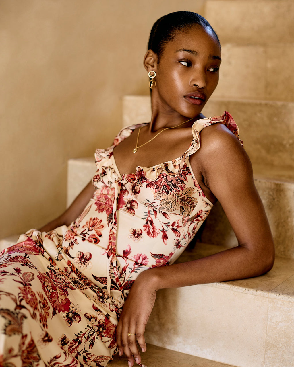Ruffle straps of the Florence Dress in the red and pink floral print
