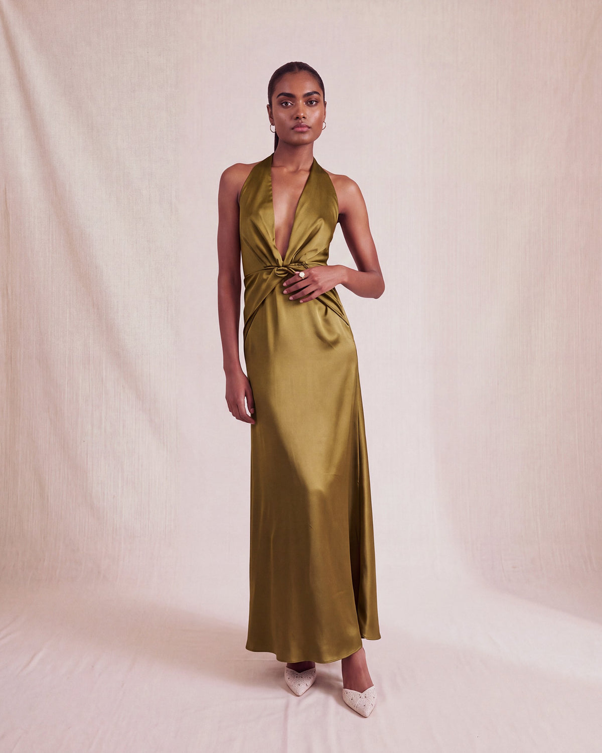 Idai Dress in Absinthe satin, front view