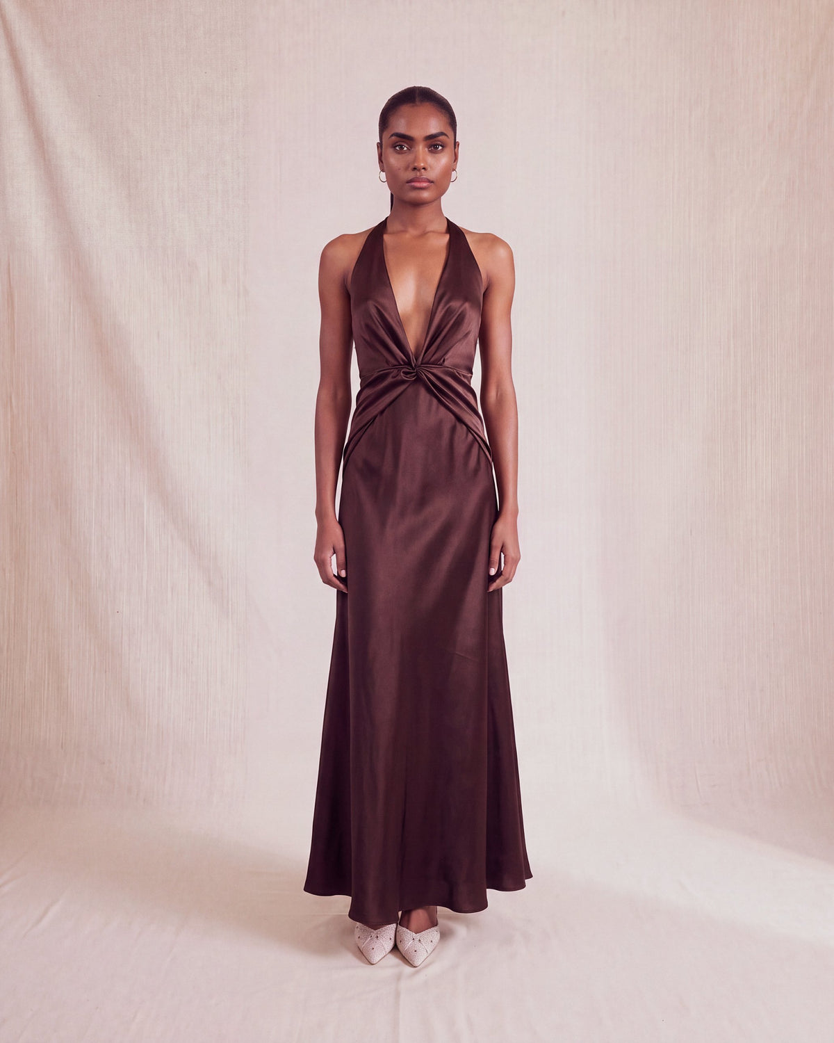 Idai Dress in Cacao satin, front view
