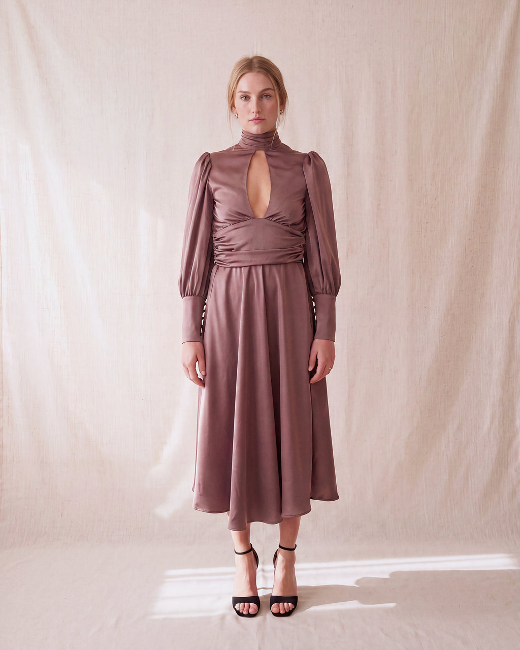 Tariro Dress in Bordeaux Pink satin, front view