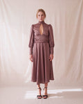 Tariro Dress in Bordeaux Pink satin, front view