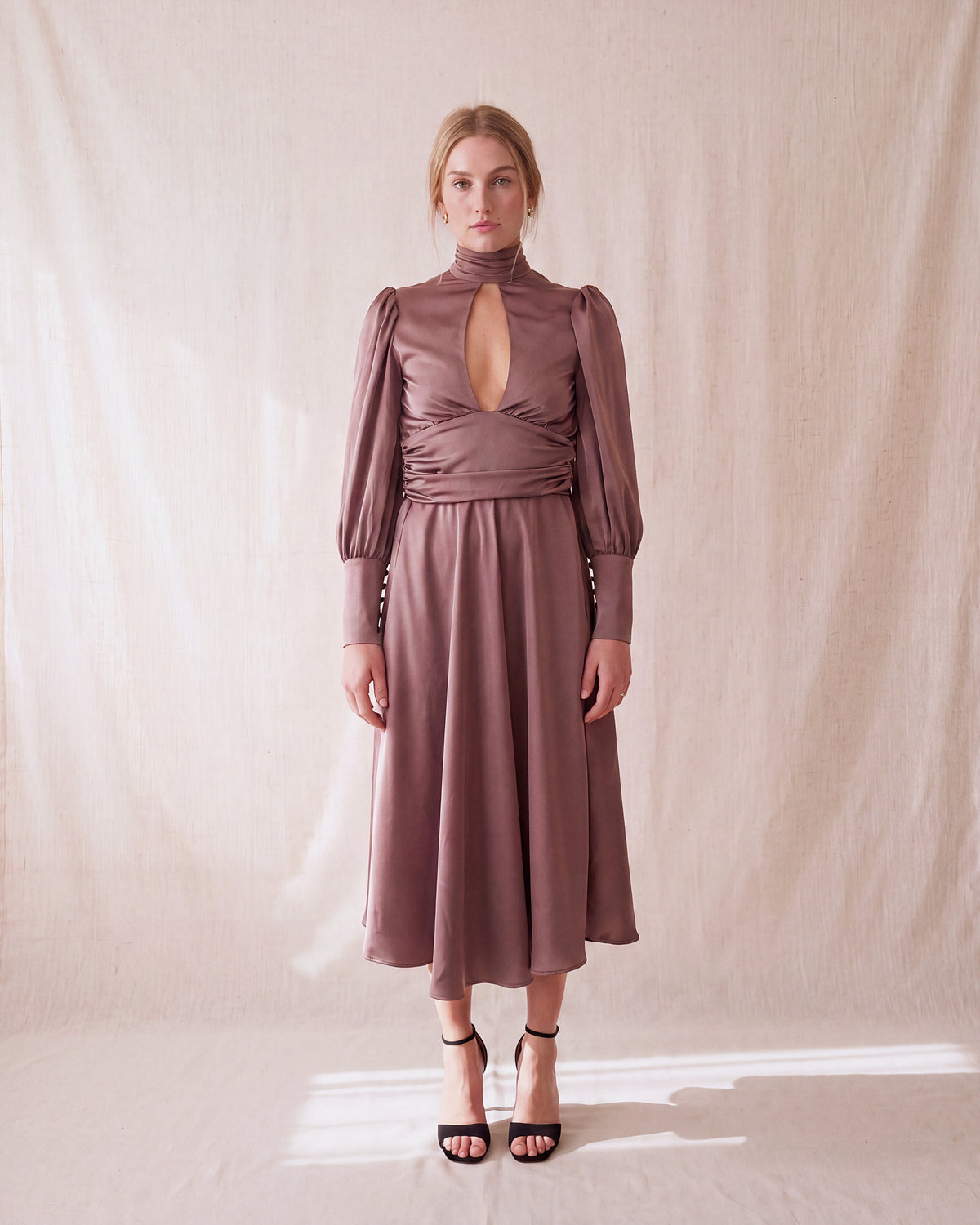 Tariro Dress in Bordeaux Pink satin, front view