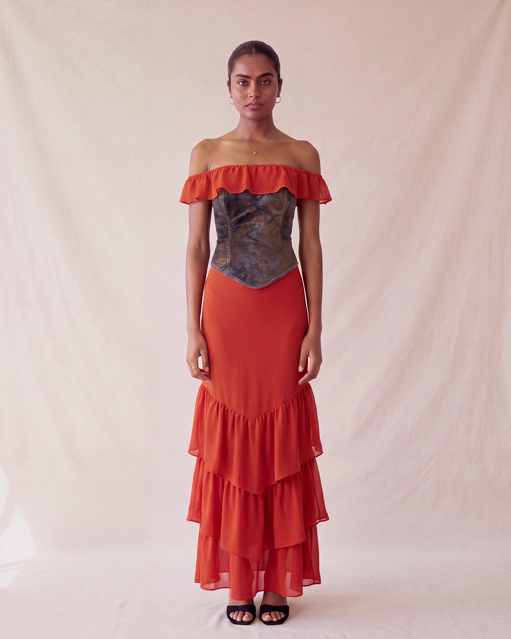 Rosalia Dress in Red Satin, front view, worn with the Rosalia Corset