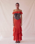 Rosalia Dress in Red Satin, front view, worn with the Rosalia Corset