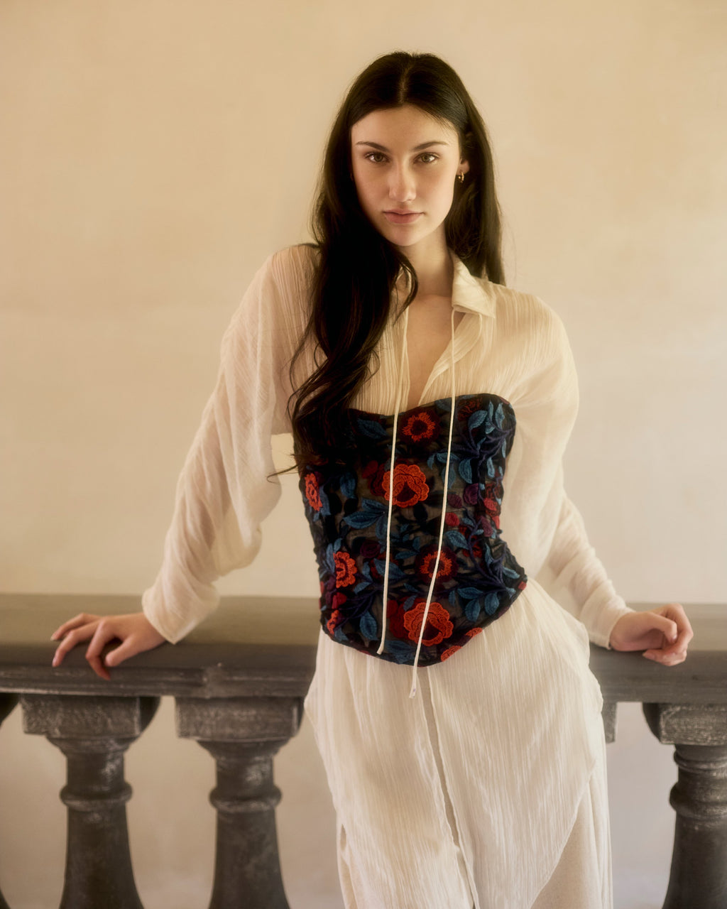Rosalia Corset in floral lace over a cream shirt