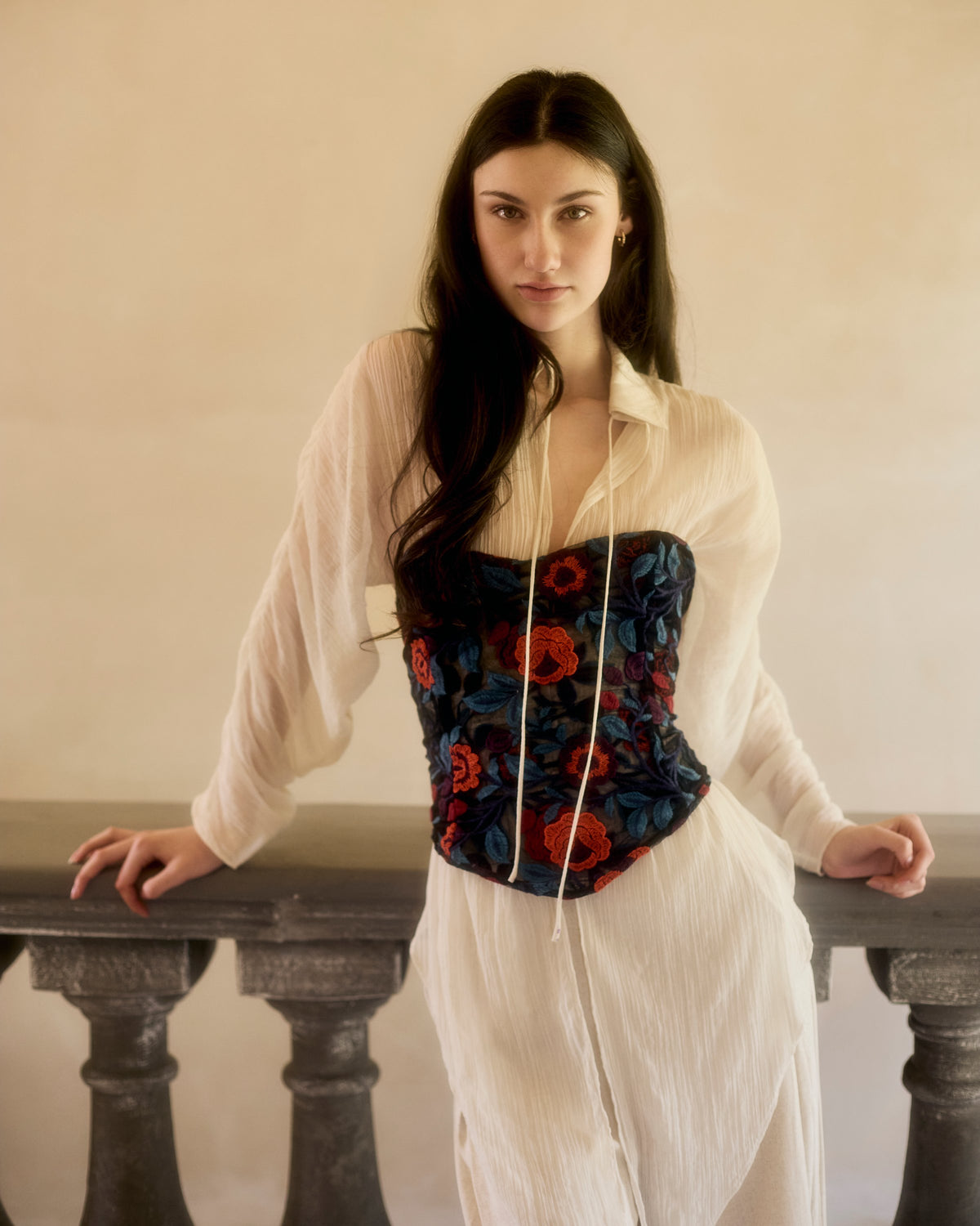 Rosalia Corset in floral lace over a cream shirt