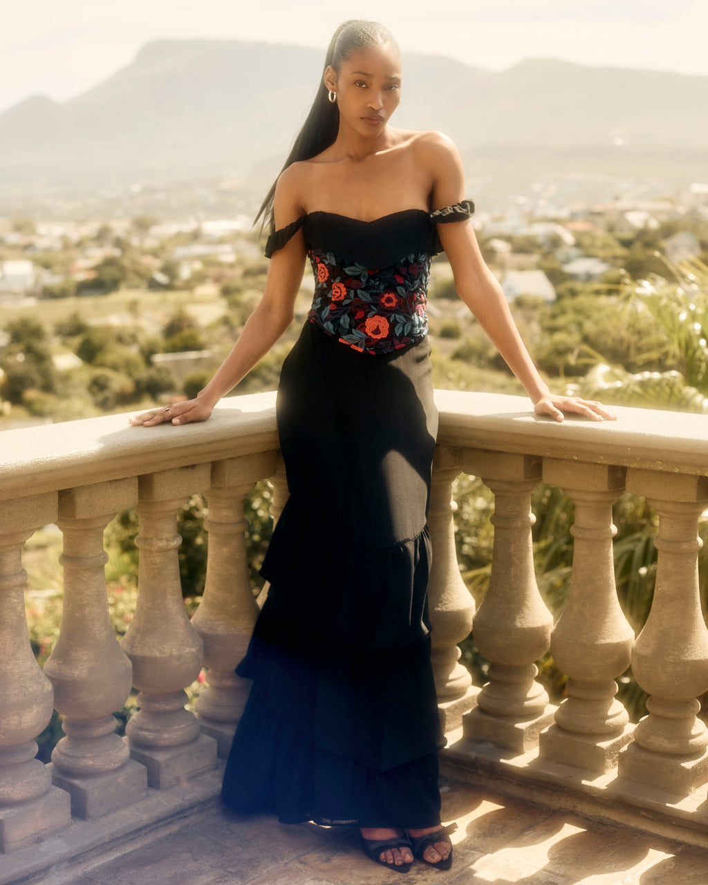 Rosalia Dress in black worn with the floral lace Rosalia Corset