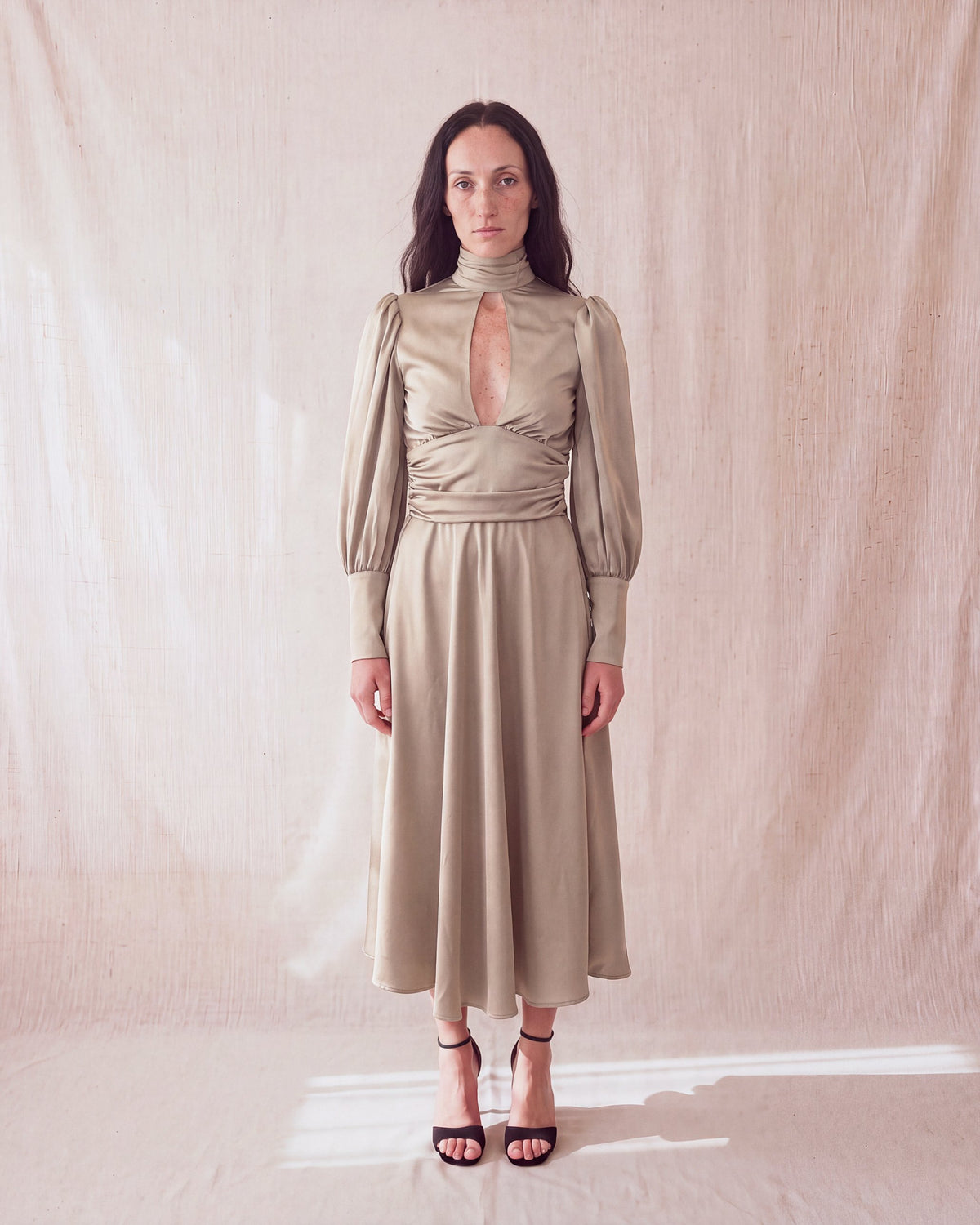 Tariro Dress in Oyster satin, front view