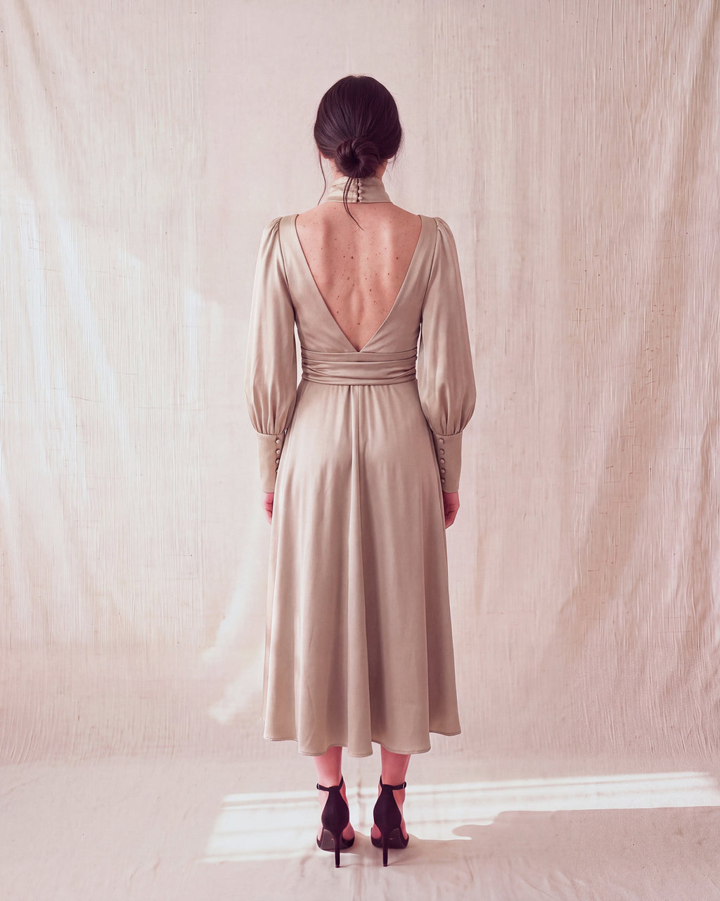 Tariro Dress in Oyster satin, open back view