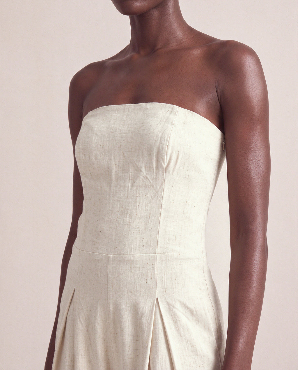 Camille Jumpsuit in Beige, strapless bodice