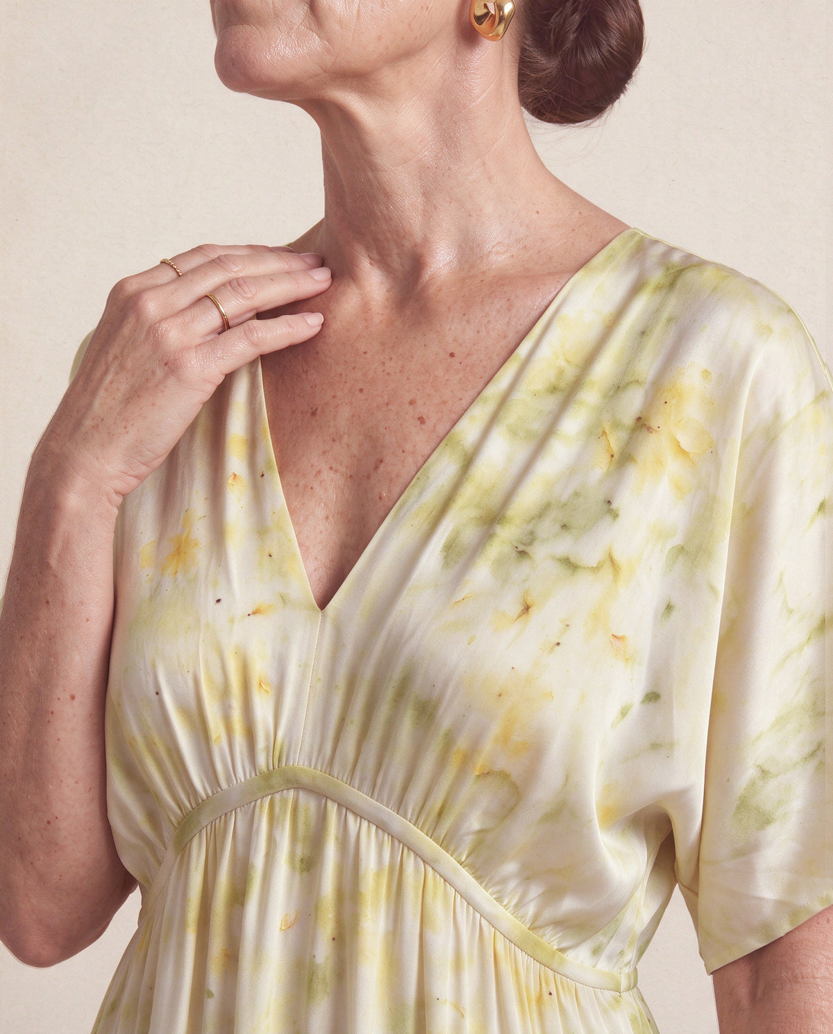 Kinara Dress Silk in Eco Print, neckline and gathers