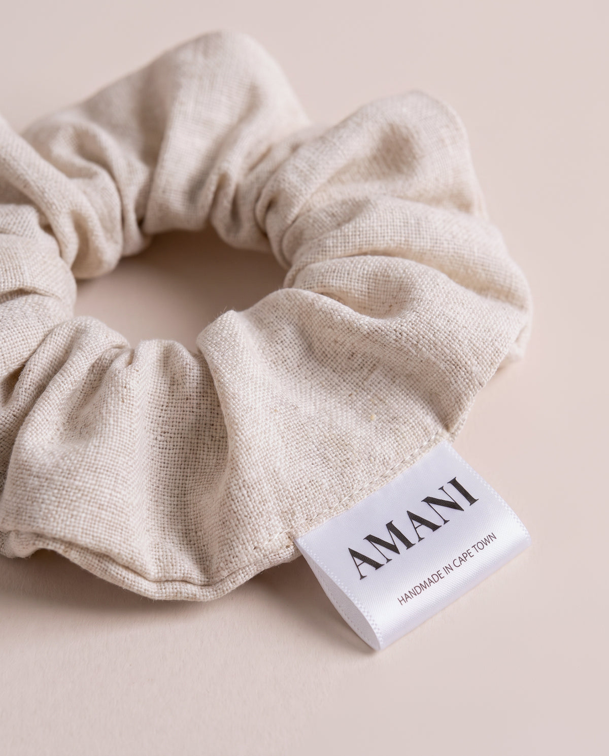 Linen Scrunchies in Natural, linen weave and label