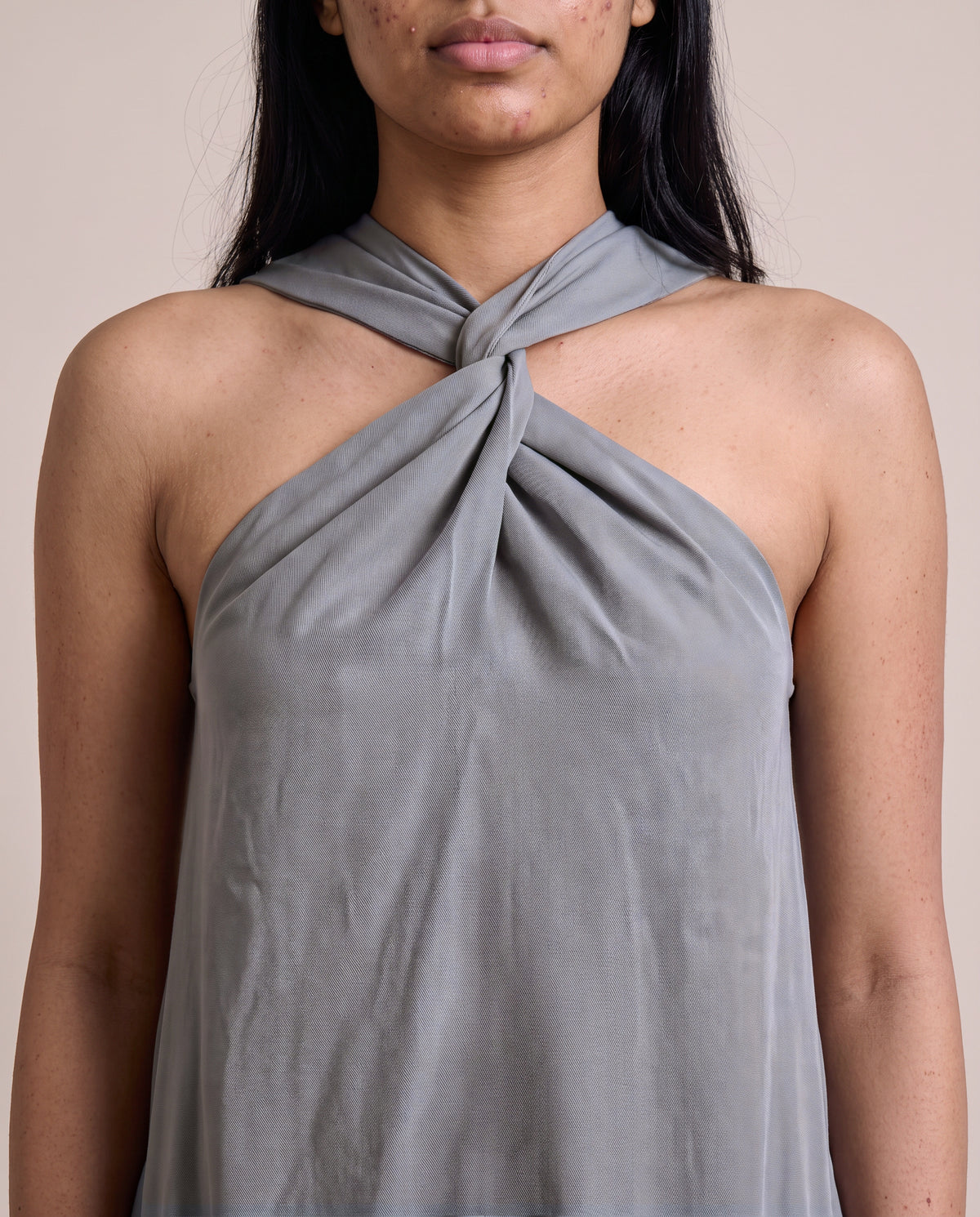 Lulu Dress Maxi in Gray, twisted halter neck