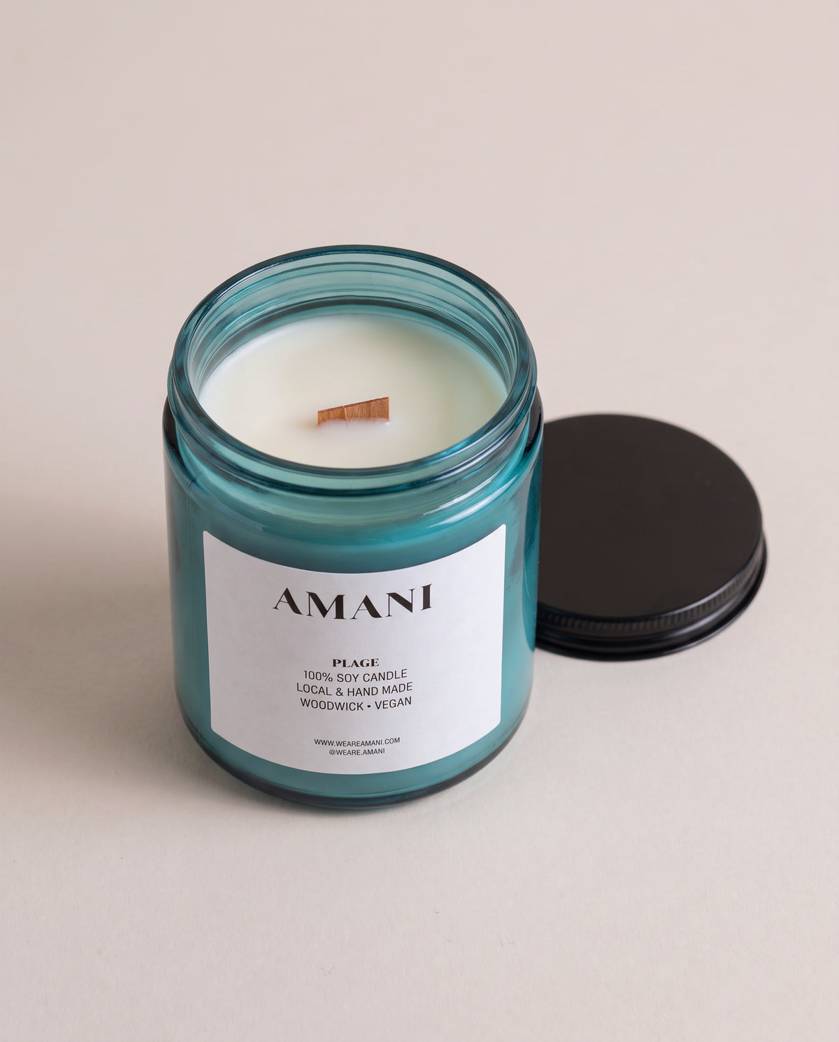 Plage Candle, jar with the lid off