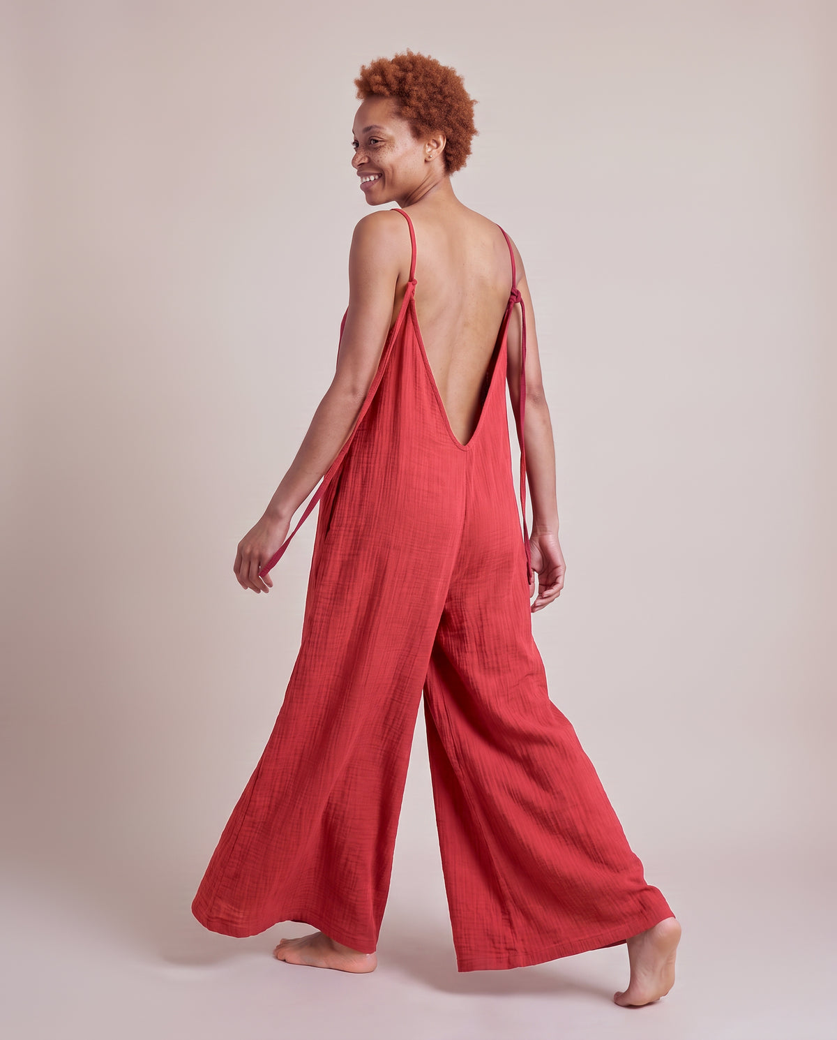 Rudo Jumpsuit in Bordeaux, open back with knotted ties
